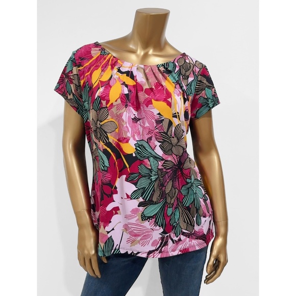 Worthington Women's Floral Print Multicolor Cap Sleeve Pleated Neck Top Size XLP - Picture 1 of 6